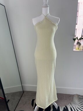 Halter Neck Ribbed knit Maxi Dress in Soft Pale Yellow